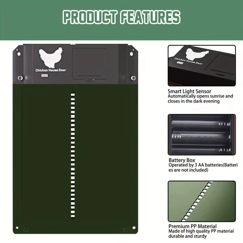 CoopGuard Starter product features - light sensor, battery box, PP material